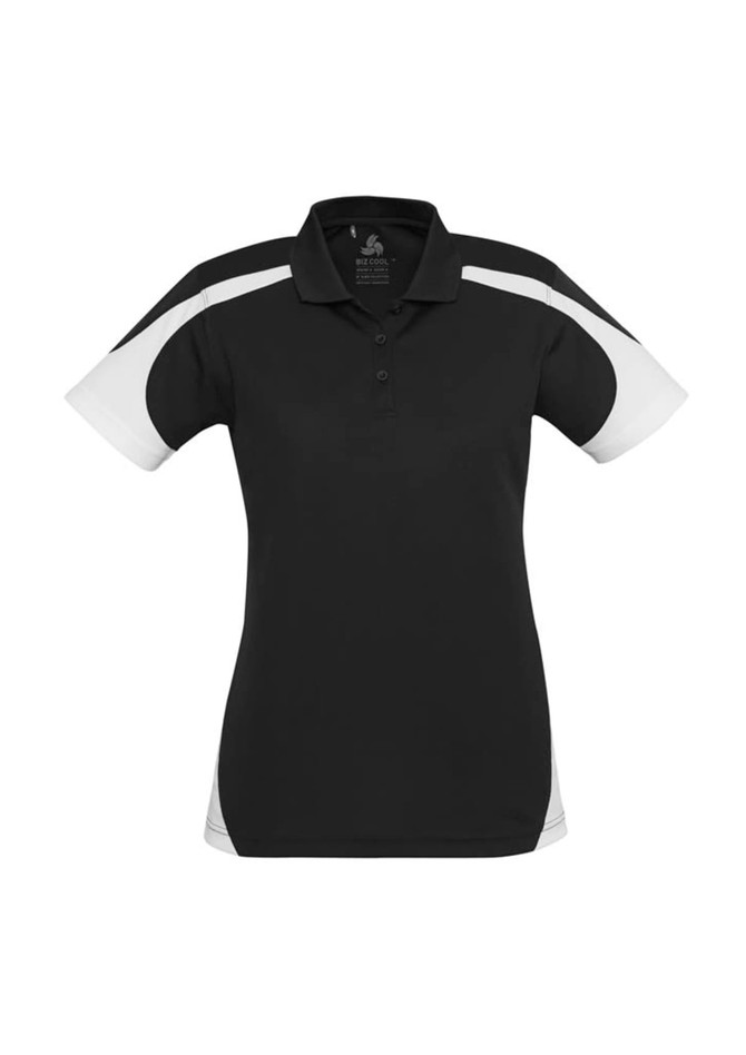 A women's short sleeve polo in black with white accents and a logo on the front.