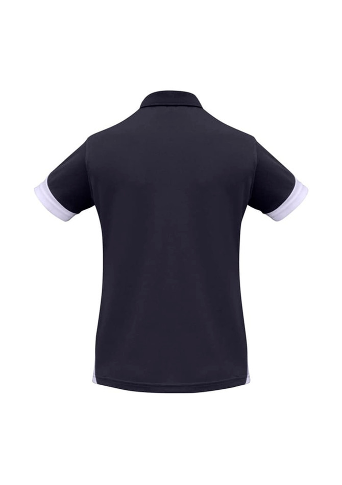 A black short sleeve polo shirt with white trim and a logo on the back.