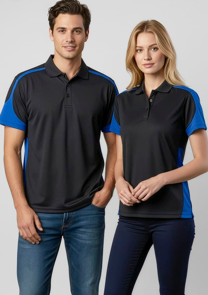 Two models wearing short sleeve polo shirts in black with blue accents. One male and one female model displayed.