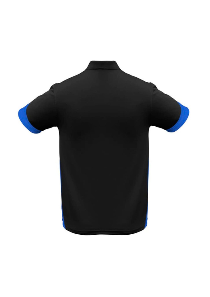A black short sleeve polo shirt with blue accents and a logo on the front.