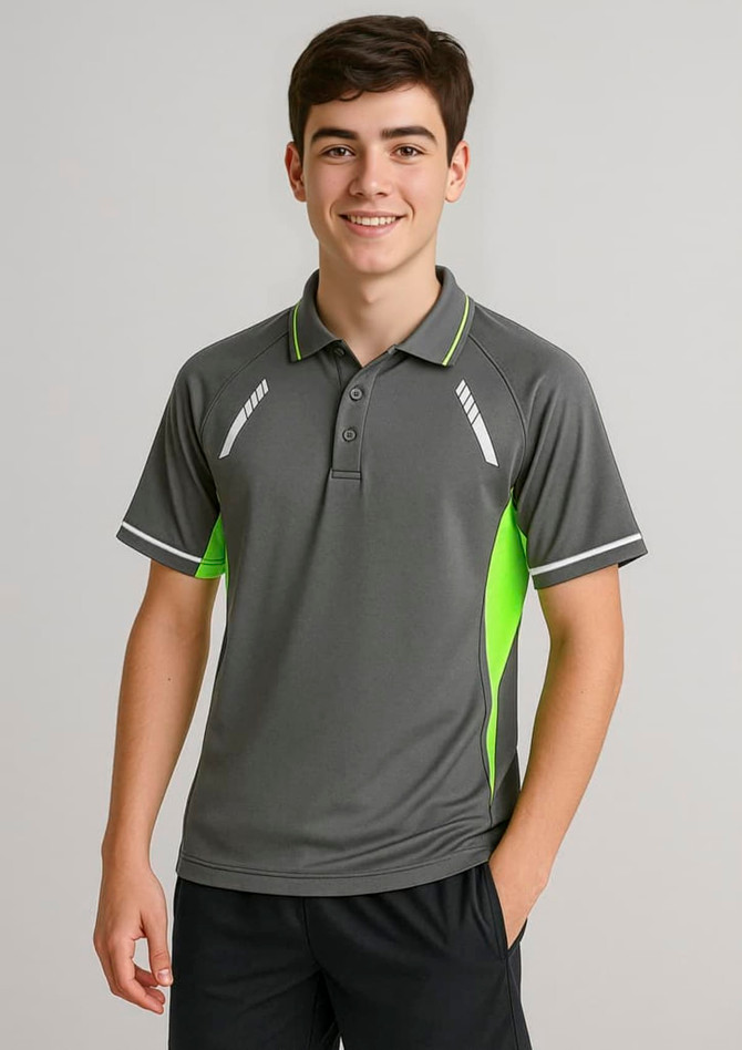 A grey short sleeve polo shirt with bright green accents, featuring a logo on the chest.