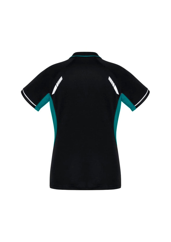 A black women's polo shirt with teal accents and reflective details. It features a logo on the back.