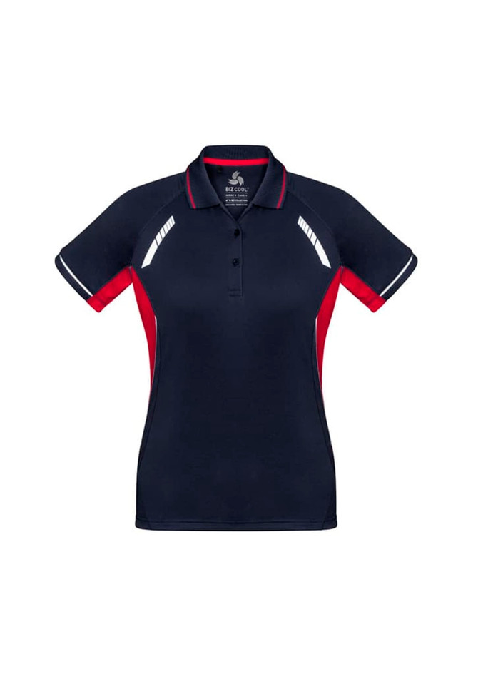 A women's short sleeve polo shirt in navy and red, featuring a logo and contrasting trim.