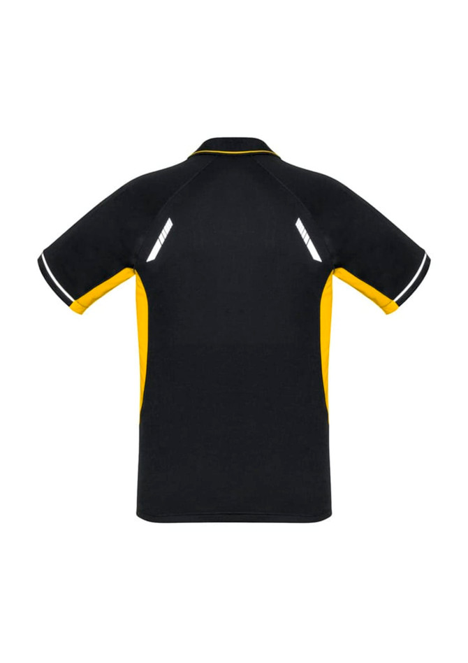 A black and yellow men's short sleeve polo shirt with reflective details and a logo on the front.