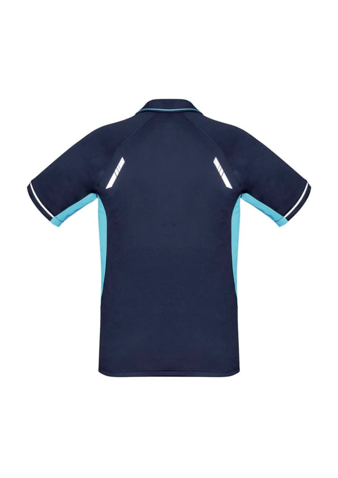 A navy blue short sleeve polo shirt with light blue accents and a logo on the front.