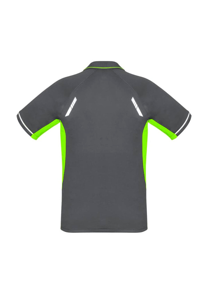 A grey short sleeve polo shirt with vibrant green accents and reflective details on the shoulders. Features a logo.