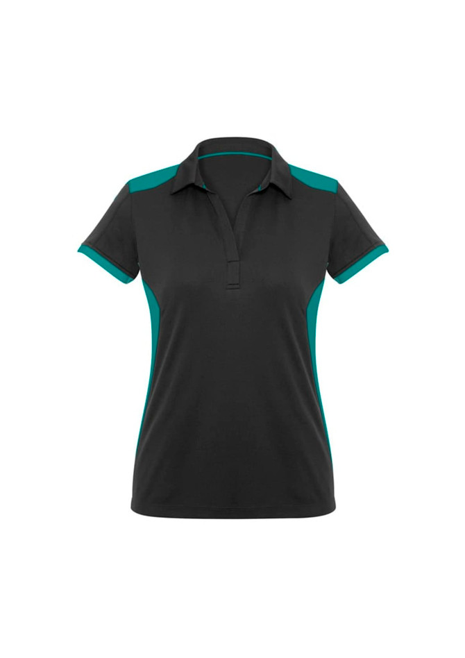 A black polo shirt for women with teal accents and a collar. It features a logo on the front.