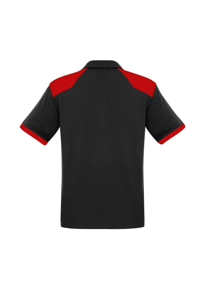 A black polo shirt with red accents on the shoulders and sleeves, featuring a logo on the front.