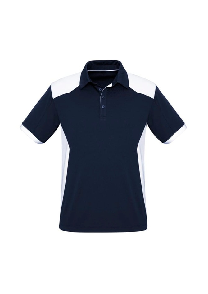 A navy blue polo shirt with white accents, featuring a collar and short sleeves. It has a logo on the chest.