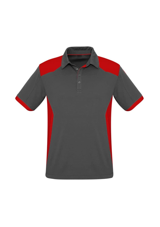 Men's polo shirt in grey with red accents, featuring a collar and button placket. Includes a logo on the design.