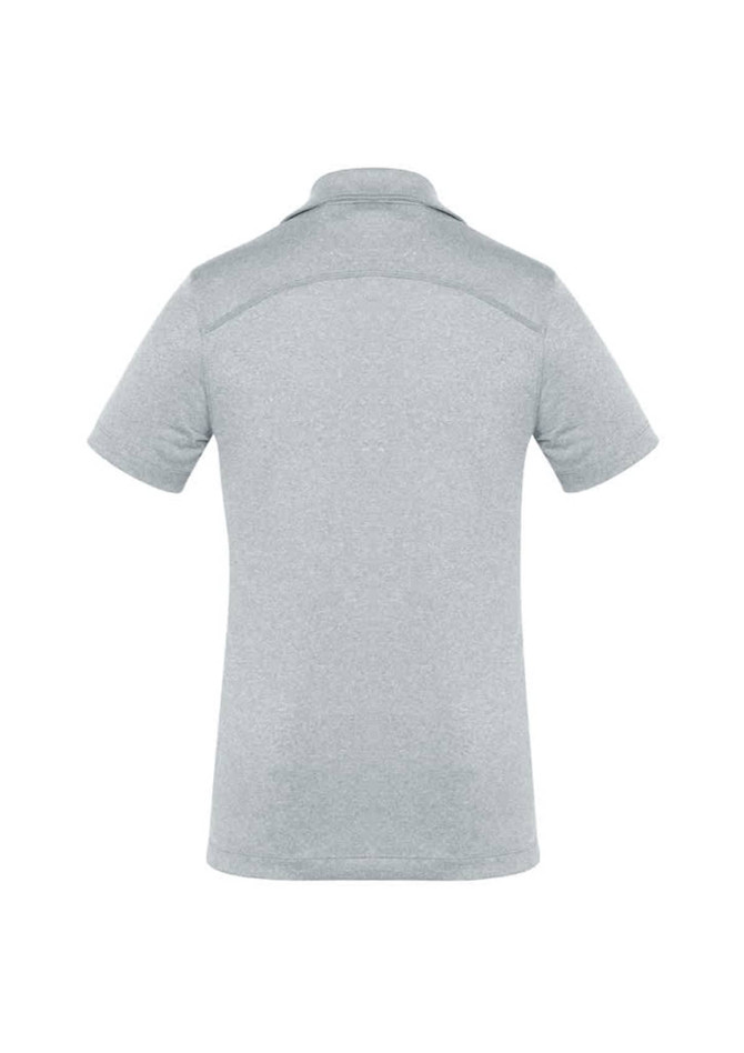 A light grey women's short sleeve polo shirt with a subtle texture and a back view. It features a logo.