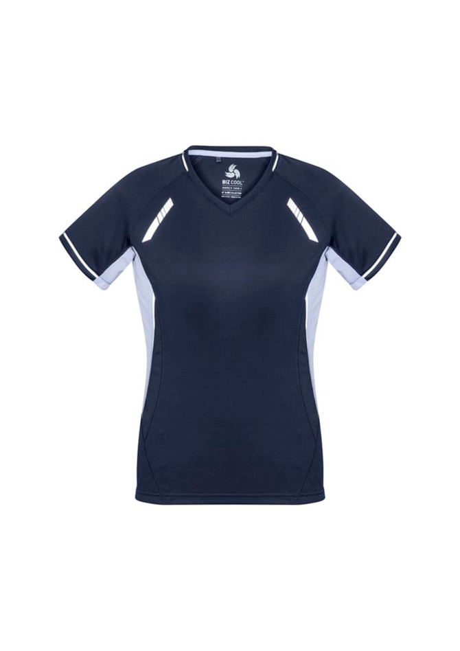 A navy blue women's short sleeve tee with white accents and a logo. Designed for comfort and style.