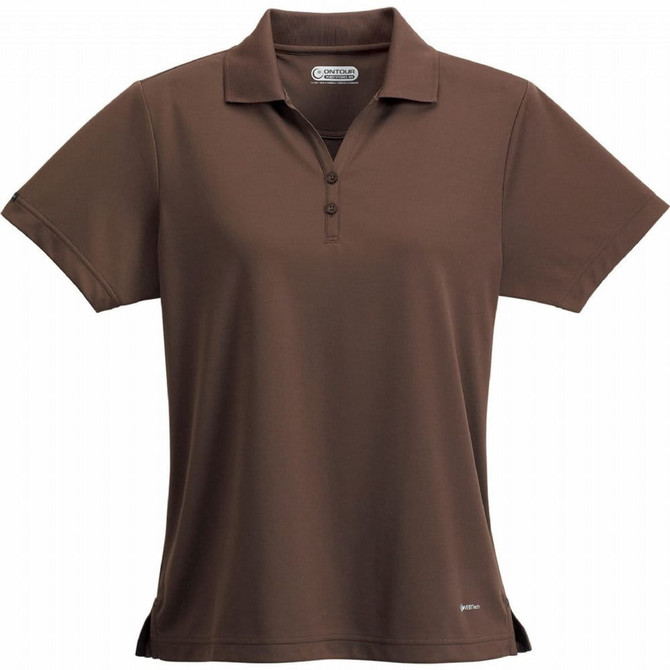 A brown women's polo shirt with a collared neckline and three buttons, featuring a small logo.