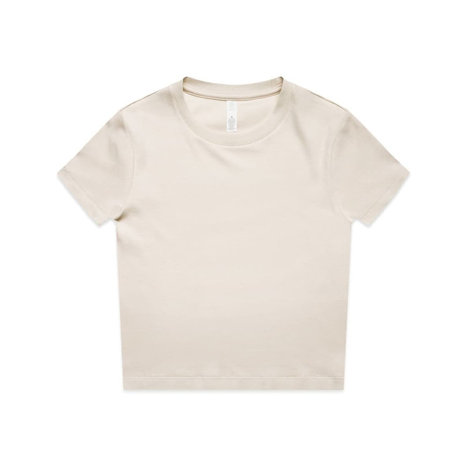A short-sleeved, light beige t-shirt with a round neckline and a logo on the label.