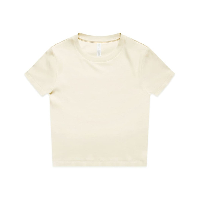 A light cream-coloured t-shirt featuring a round neckline and short sleeves. The shirt has a branding logo.