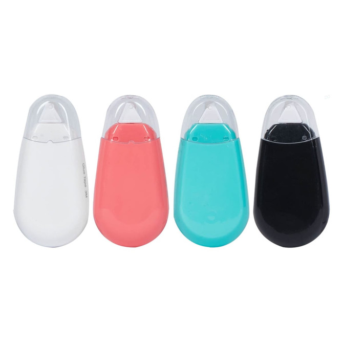 A set of four glue tape dispensers in white, coral, turquoise, and black, each with a clear cap and a branded logo.