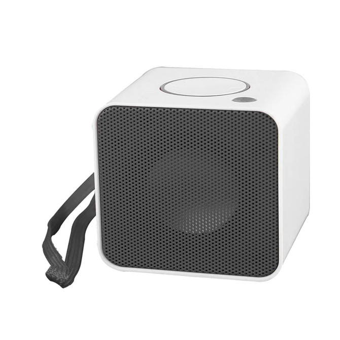 A square blue tooth speaker in white with a black speaker grille, featuring a carrying strap.