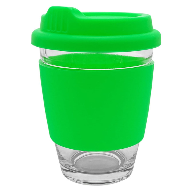 A green Carlo Glass Coffee Cup with a silicone sleeve and lid, featuring a glass body and a logo.