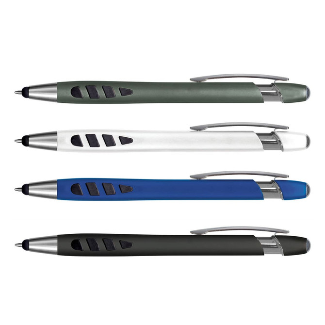 Four plastic pens in dark green, white, blue, and charcoal grey, each featuring a silver clip and a branding logo.