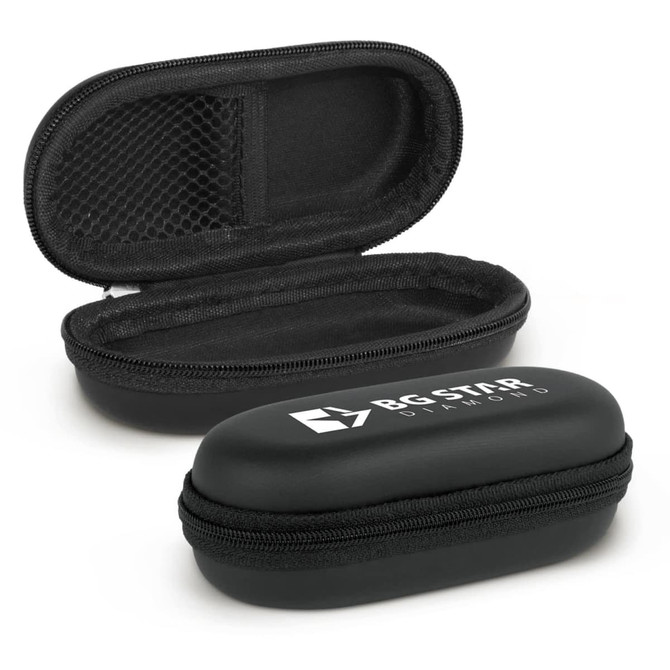 A black mini carry case with a zip closure and an interior mesh pocket, featuring a logo on the exterior.