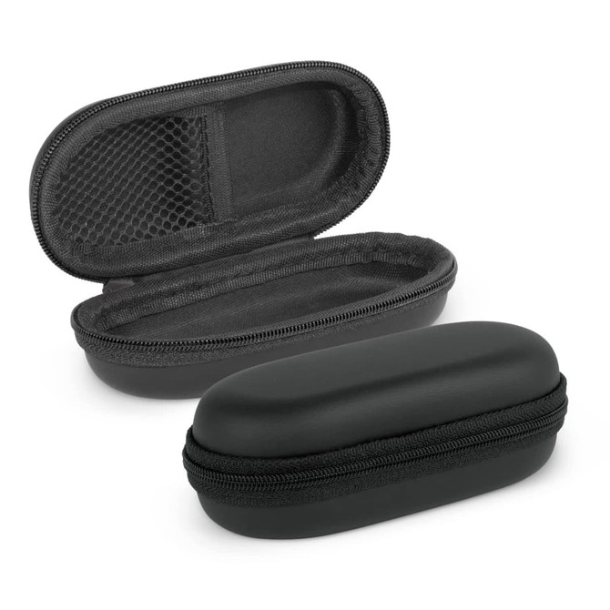 A black mini carry case with a zip closure, featuring a textured exterior and a mesh pocket inside.