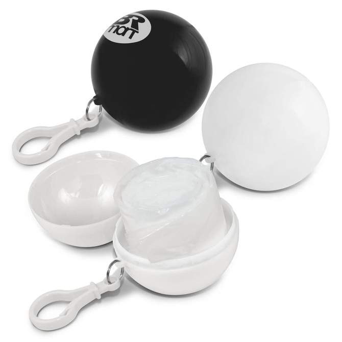 A black and white ball-shaped container with a clip, featuring a logo, that holds a raincoat inside.