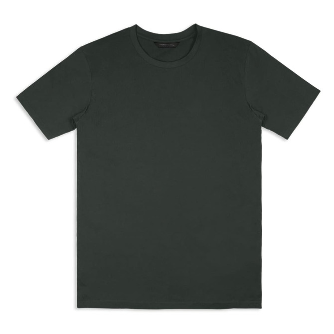 A dark green unisex T-shirt featuring a round neck and short sleeves, with a branding logo on the inside.