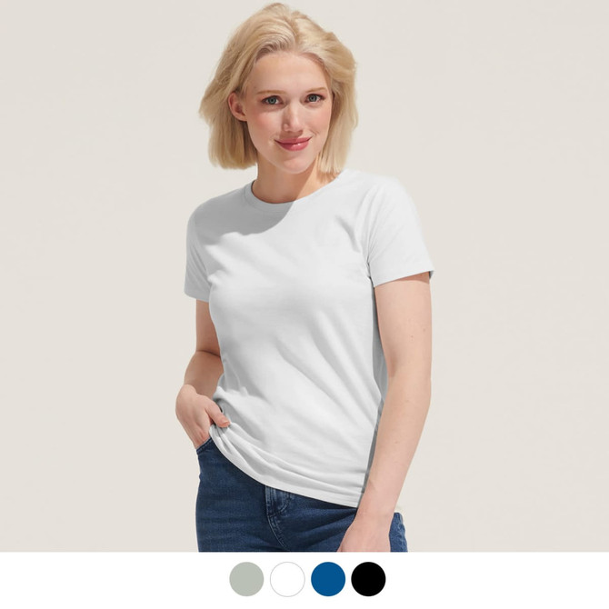 A white women's t-shirt displayed on a model, featuring a simple design and a logo. Available in multiple colours.