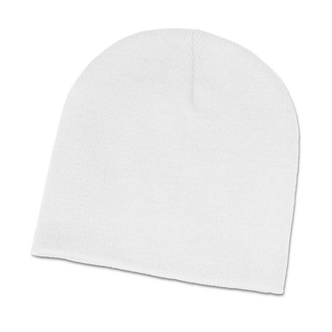 A white beanie made from soft fabric, featuring a simple design and no visible branding.