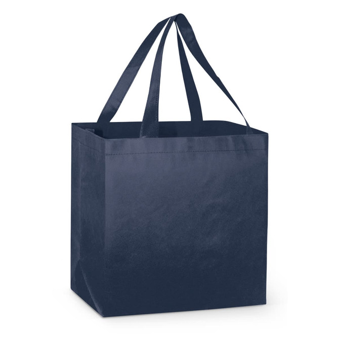A navy tote bag with sturdy handles, featuring a square design and no visible logos or text.