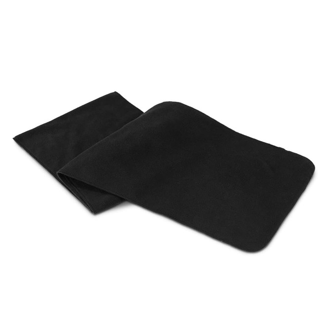 A black Seattle Fleece Scarf, made from soft fleece material, displayed flat.