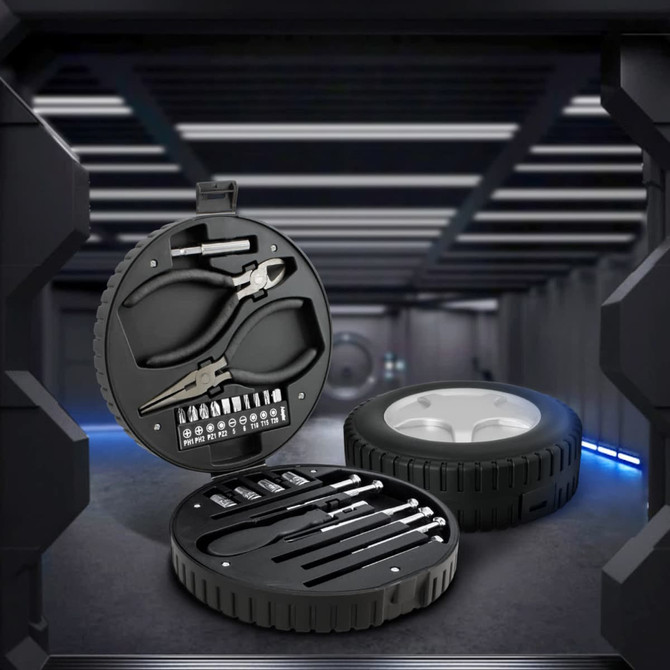 A circular tool kit in black casing, featuring pliers, various tools, and a wheel design. Includes a logo.