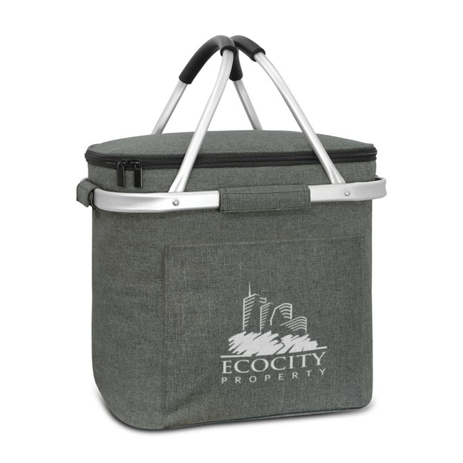 A drink bottle basket in grey with a silver handle and a logo on the front. The design is sleek and portable.