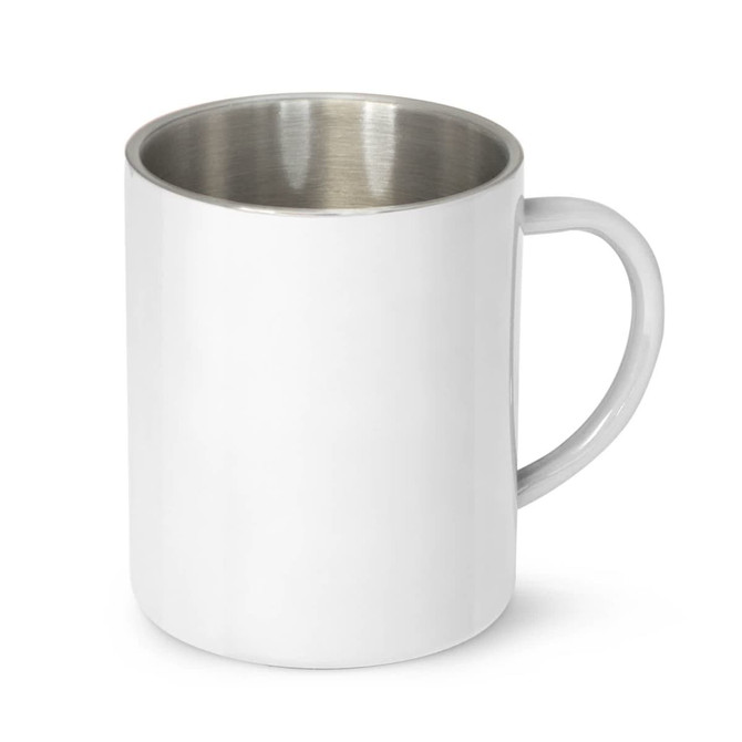 A coffee mug with a stainless steel interior and a glossy white exterior, featuring a handle and a branding logo.