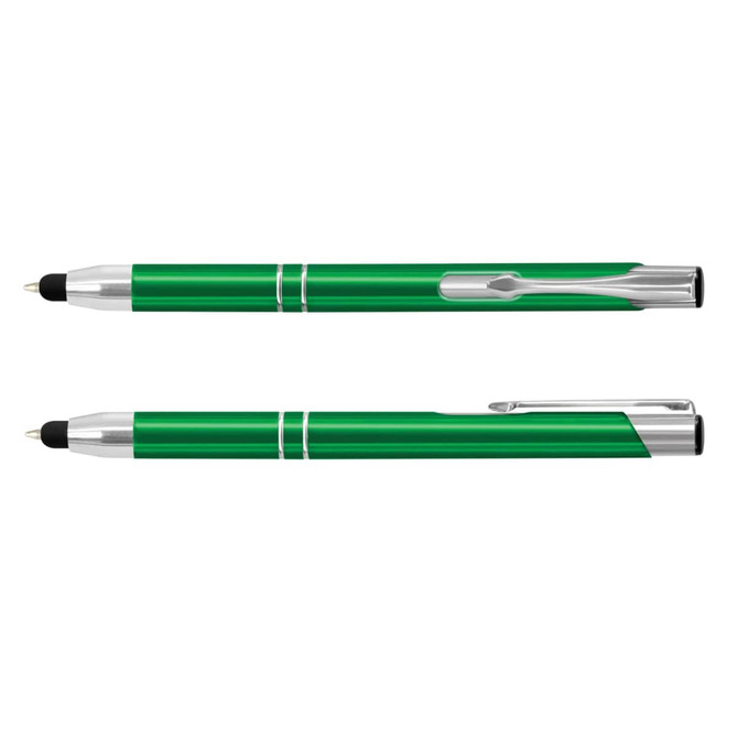 A green metal stylus pen with silver accents, featuring a clip and dual-writing tips.