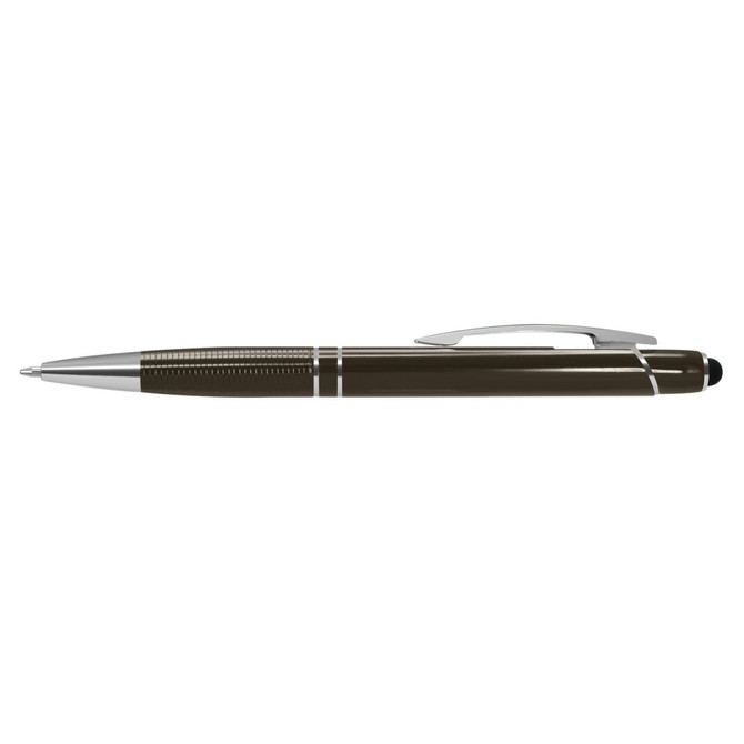 A sleek dark green stylus pen with a silver clip and detailing, featuring a modern design and a logo.