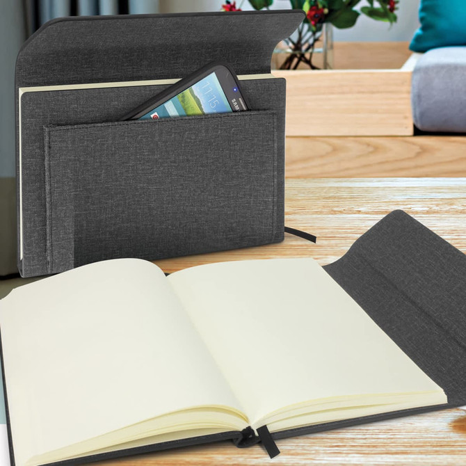 A Stanford Notebook featuring a sleek gray cover, an inner pocket for a smartphone, and blank pages.