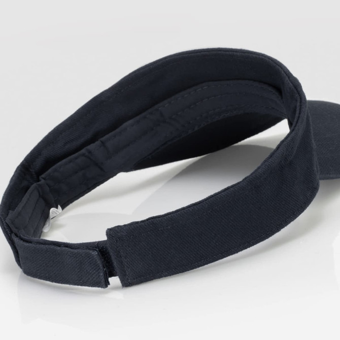 A black sun visor with a curved brim and adjustable strap.