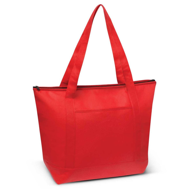 A red cooler bag with a zip closure and two sturdy handles, featuring a pocket on the front.
