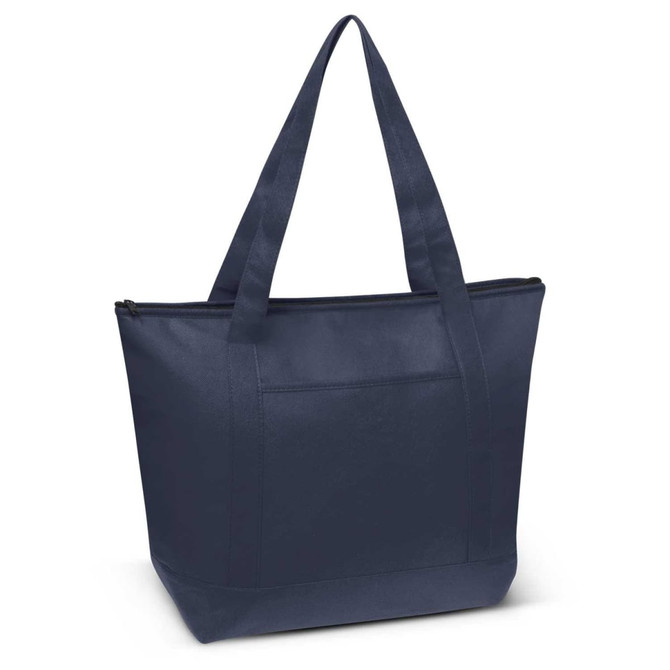 A navy blue cooler bag with two sturdy straps and a zip closure, featuring a front pocket and a simple design.