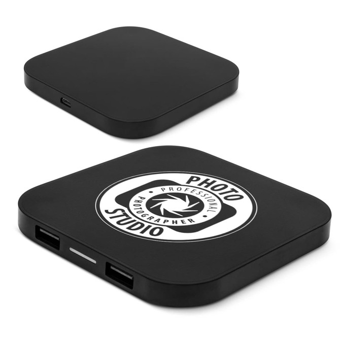 A black wireless charging hub with a logo on top and two USB ports on the side.