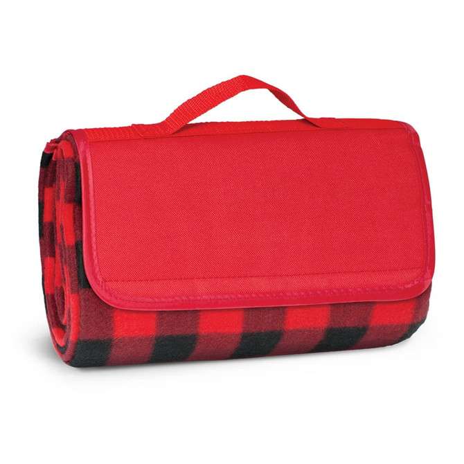 A red and black checkered picnic blanket, neatly rolled and secured with a handle, featuring a branded logo.