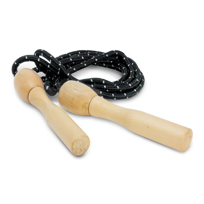 A skipping rope with wooden handles and a black, braided rope. It features a simple design.