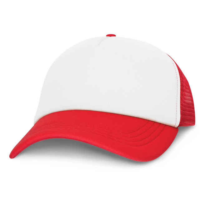 A trucker cap featuring a white front and red mesh back.