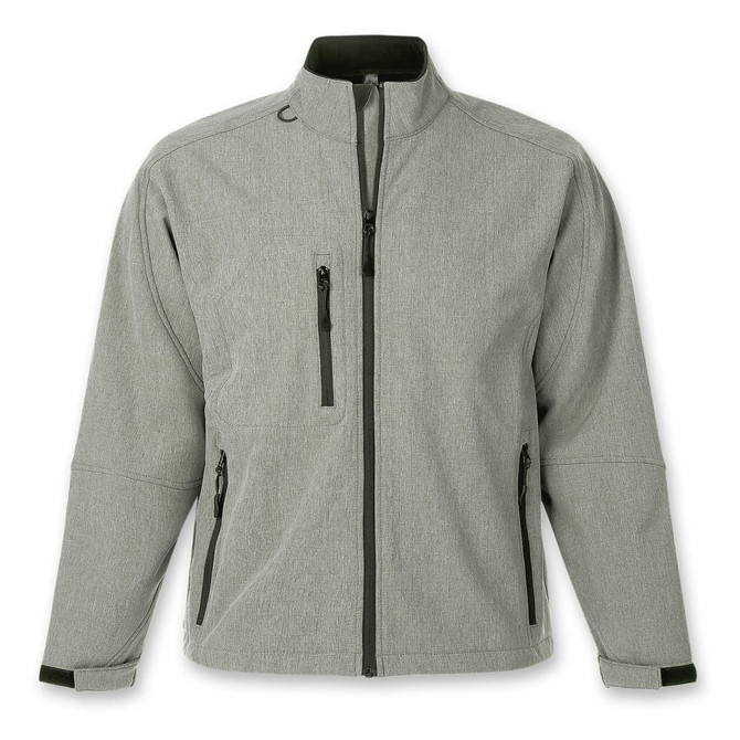 A softshell jacket in grey, featuring zippered pockets and a collar, with a contrasting dark green interior.