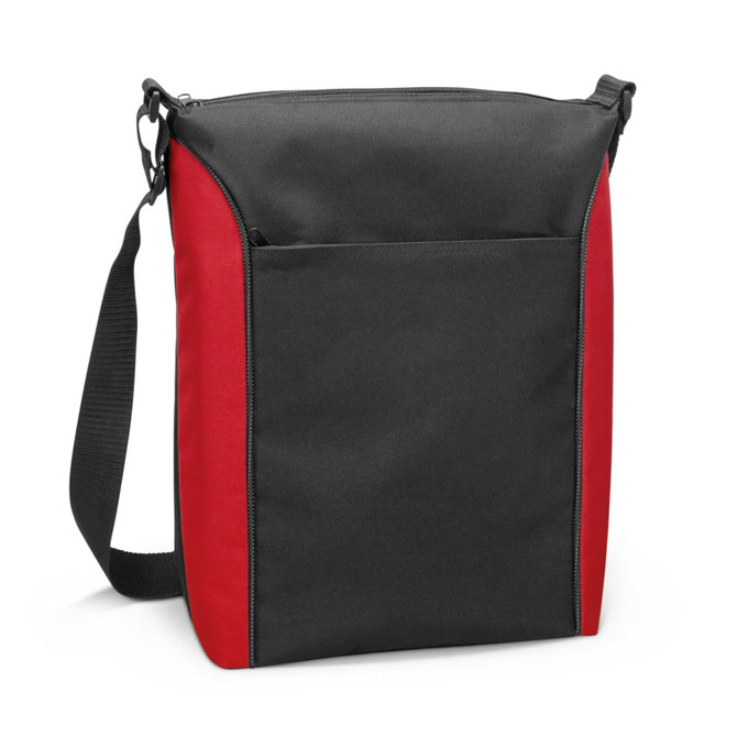 A cooler bag with a black front and red sides, featuring a shoulder strap and a front pocket.