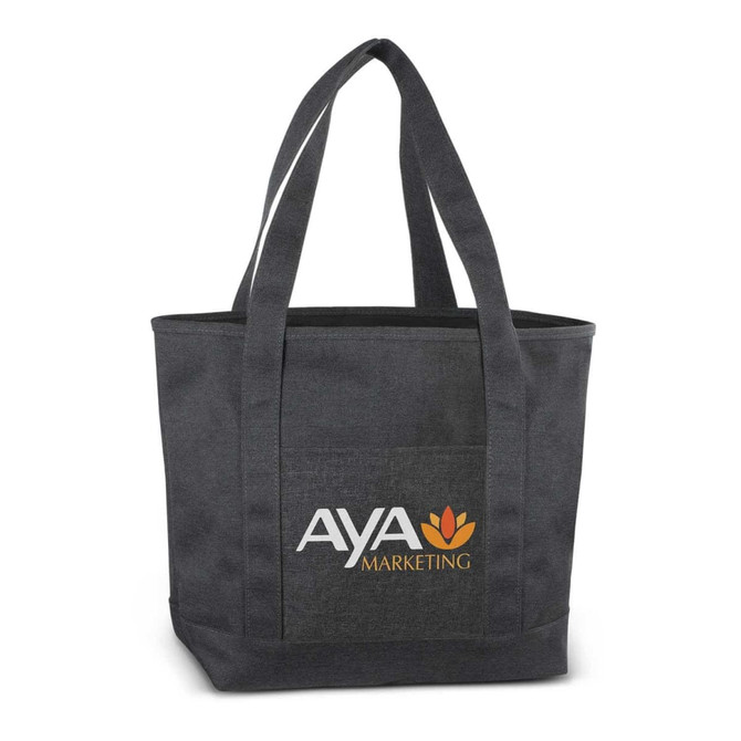 A grey tote bag with two handles and a logo on the front.
