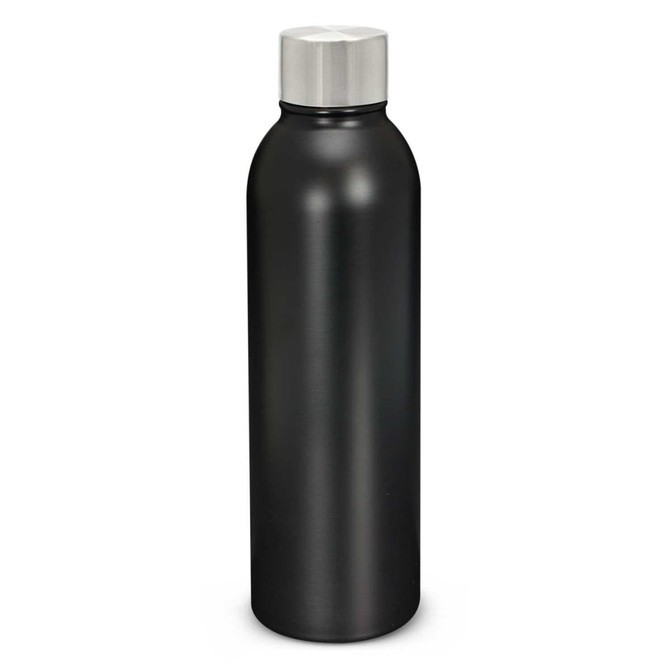 A drink bottle featuring a sleek black design with a stainless steel cap, designed to keep beverages insulated.