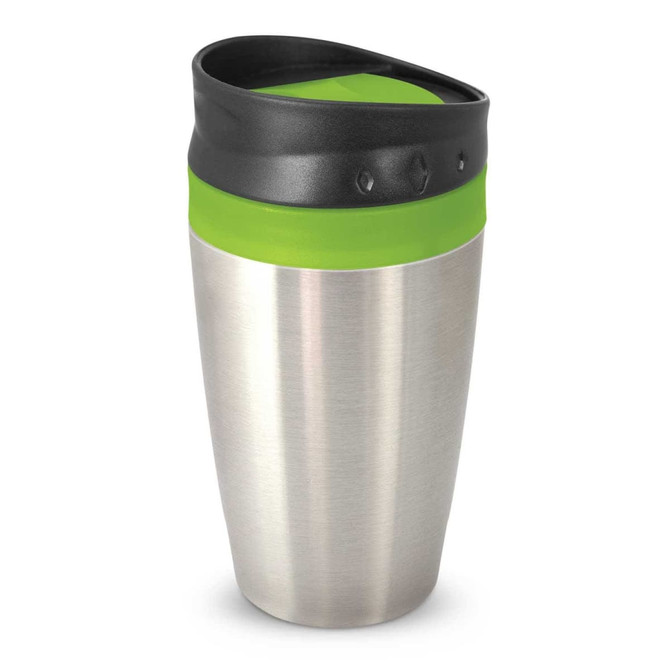 A stainless steel coffee cup with a green and black lid, featuring a logo on the side.