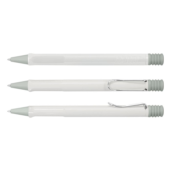 Three Lamy Safari pens in a mint green and white colour combination, featuring a sleek design and ribbed grip.